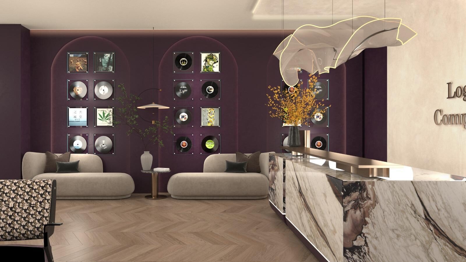 Elegant aubergine-and-marble reception lounge at Aria Music Academy in Kuwait