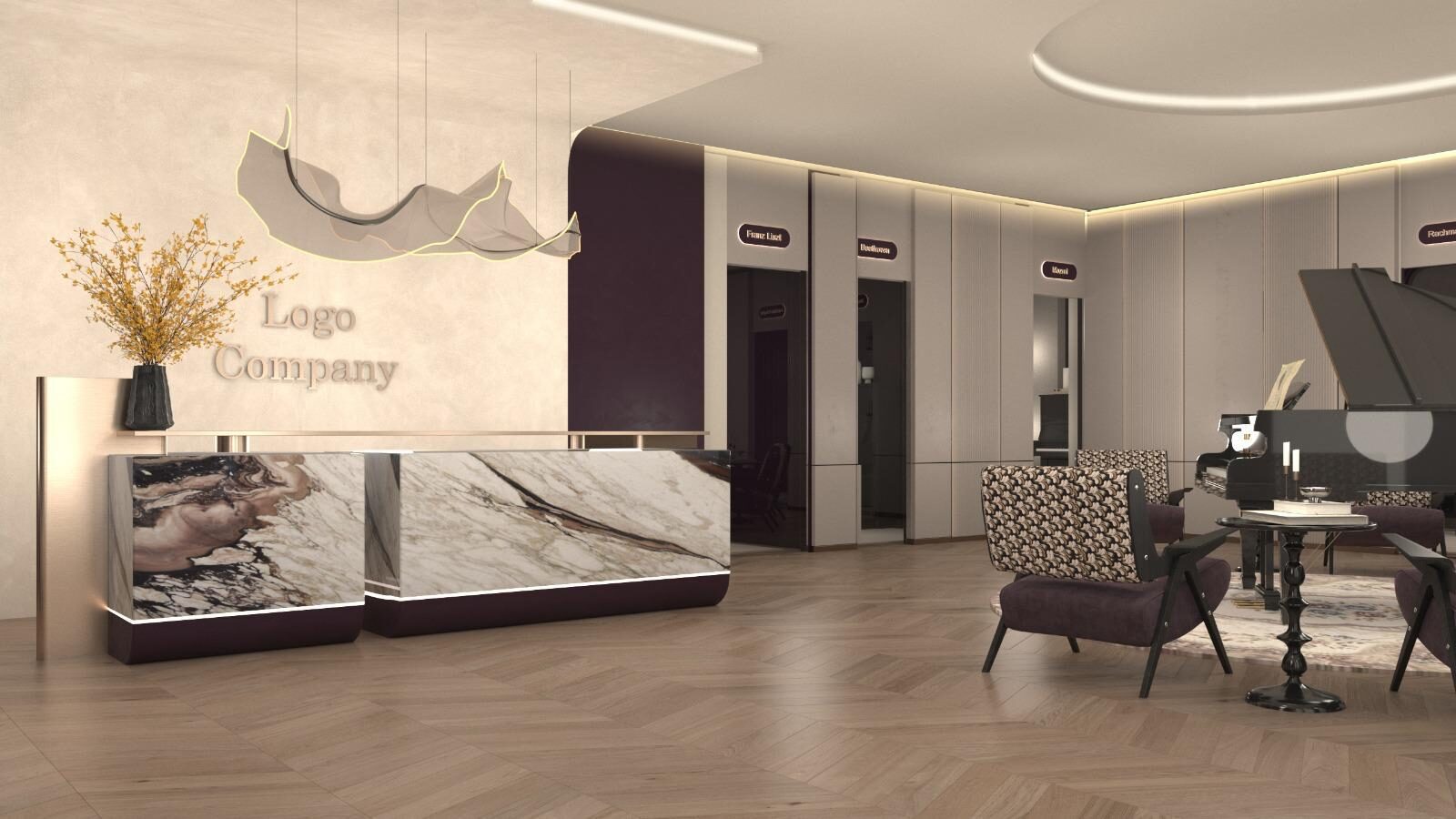 Reception and composer-named practice rooms with a grand piano