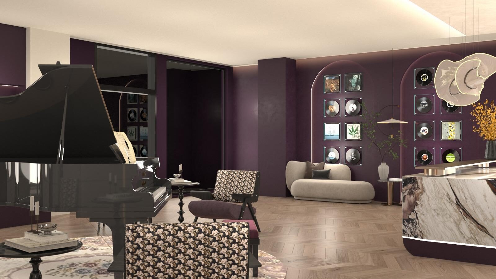 Aubergine lounge with framed vinyl records at Aria Music Academy